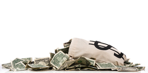 Bunch of dollar bills in money bag 