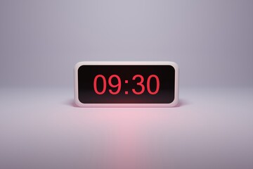 3d alarm clock displaying current time with hour and minute 09.30 - Digital clock with red numbers - Time to wake up, attend meeting or appointment - Ring bounce alarm clock background image