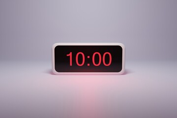 3d alarm clock displaying current time with hour and minute 10.00 10 am- Digital clock with red numbers - Time to wake up, attend meeting or appointment - Ring bounce alarm clock background image - obrazy, fototapety, plakaty