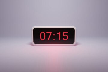 3d alarm clock displaying current time with hour and minute 07.15 - Digital clock with red numbers - Time to wake up, attend meeting or appointment - Ring bounce alarm clock background image