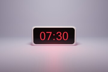 3d alarm clock displaying current time with hour and minute 07.30 - Digital clock with red numbers - Time to wake up, attend meeting or appointment - Ring bounce alarm clock background image