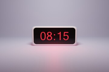 3d alarm clock displaying current time with hour and minute 08.15 - Digital clock with red numbers - Time to wake up, attend meeting or appointment - Ring bounce alarm clock background image