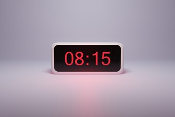 3d alarm clock displaying current time with hour and minute 08.15 - Digital clock with red numbers - Time to wake up, attend meeting or appointment - Ring bounce alarm clock background image