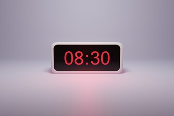 3d alarm clock displaying current time with hour and minute 08.30 - Digital clock with red numbers - Time to wake up, attend meeting or appointment - Ring bounce alarm clock background image