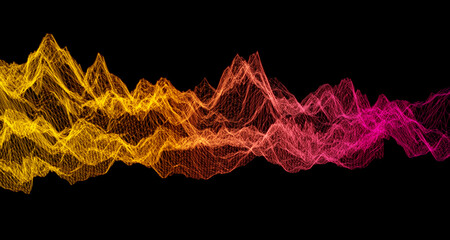 Heat wave, energize, energy transfer concept. Complex three dimensional waveform. Red to orange wire frame mesh on black background. Data visualization.  3D illustration, 3D rendering. © killykoon