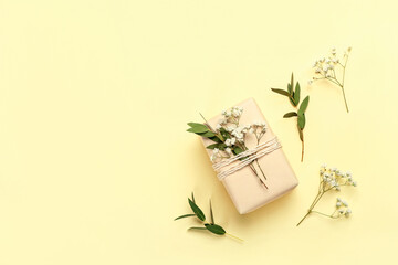 Composition with gift box and gypsophila flowers on color background