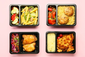 Delicious food in lunch boxes on color background