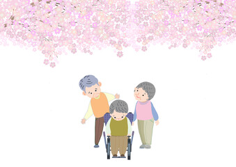 老老介護の家族で花見をしている背景無しイラスト