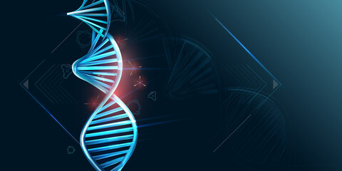 Double helix DNA and HUD elements on dark background.