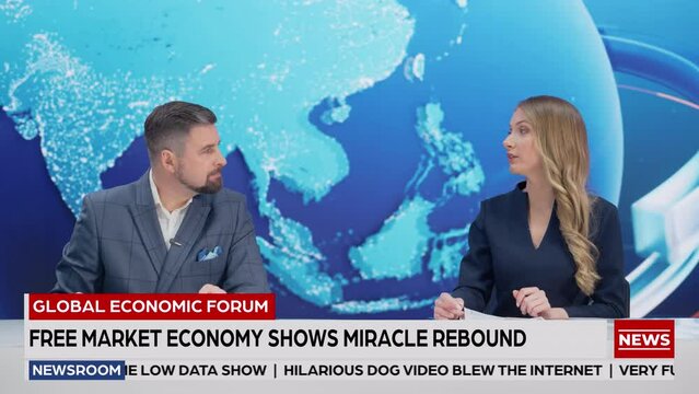 TV Live News Program: Two Presenters Reporting, Discuss Daily Events, Discuss Business, Economy, Science, Entertainment. Television Cable Channel Diverse Anchors Talk. Playback Newsroom Studio
