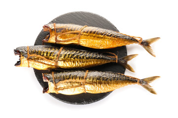 Board with tasty smoked mackerel fishes on white background