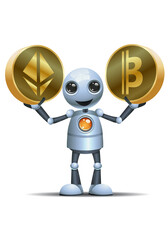 3D illustration of a  little robot hold  ethereum coin and bit coin