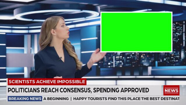 Newsroom TV Studio Live News Program: Caucasian Female Presenter Reporting, Green Screen Chroma Key Screen Picture. Television Cable Channel Anchor Woman Talks. Network Broadcast Mock-up Playback