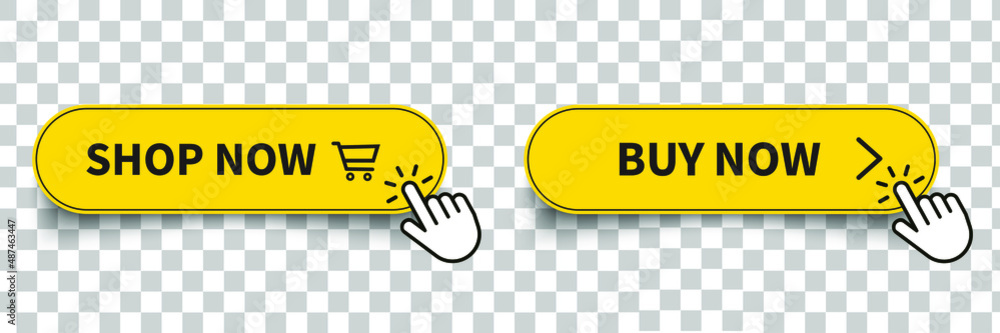 Poster buy now button icon. shop now button click mouse cursor and shopping ticket vector design on transpa