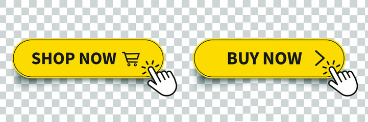 Buy Now Button Icon. Shop Now Button Click Mouse Cursor and Shopping Ticket Vector Design on Transparent Background.
