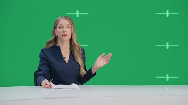 Newsroom TV Studio Live News Program with Green Screen Background: Professional White Female Presenter Reporting, Talking. Television Cable Channel Anchorwoman. Network Broadcast Mock-up Playback