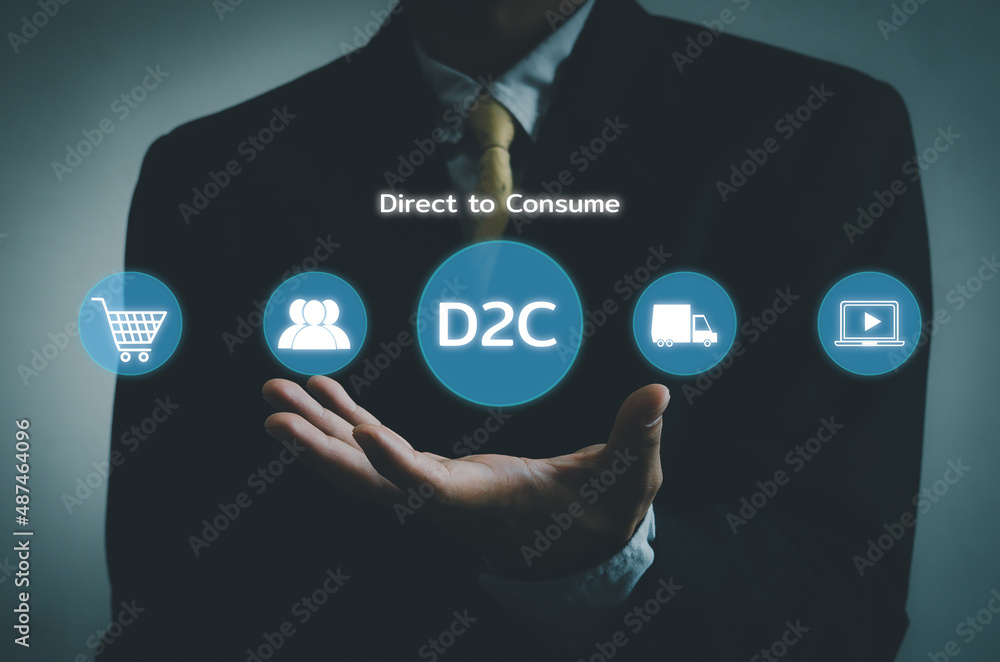 Poster direct to consumer d2c virtual screen internet business big data technology concept.