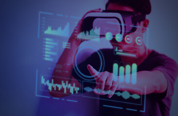 Digital big data and metaverse virtual screen technology concept WEB 3.0.Man using virtual reality...