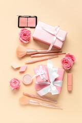 Composition with decorative cosmetics, gift boxes and flowers for International Women's Day celebration on color background