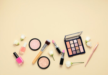 Composition with decorative cosmetics and eustoma flowers for International Women's Day celebration...