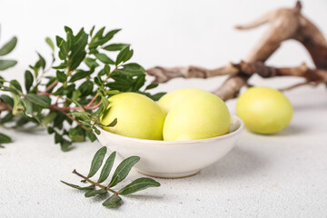 Bowl with beautiful Easter eggs and plant branch on light background
