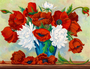 Still life oil painting depicting a bouquet of bright red poppies and white peonies flowers in vase.