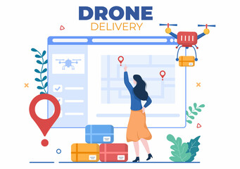Delivery Service use Drone Background Vector Illustration. Employee Distributing Boxes using Modern Technology Device for Shipping Parcel Package