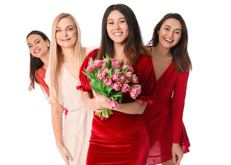 Beautiful women with bouquet of flowers on white background. International Women's Day celebration