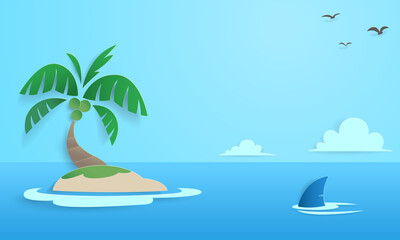 Sea view and island with coconut trees, paper cut art, cute illustrations suitable for travel.