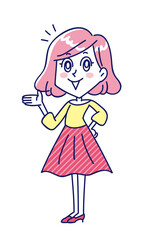 手のひらを見せて案内をする若い女性