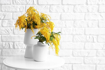 Vases with mimosa flowers on table near light brick wall in room, closeup