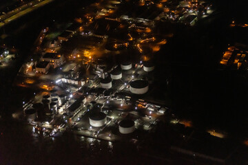Night aerial view of fuel storage tanks
