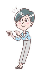 指差しでおすすめを紹介する若い女性