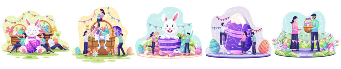 Set of Happy Easter day. People Celebrate Easter day with bunnies, baskets full of easter eggs, flowers, and decorations. vector illustration