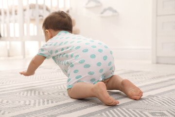 Cute baby crawling on floor at home, back view