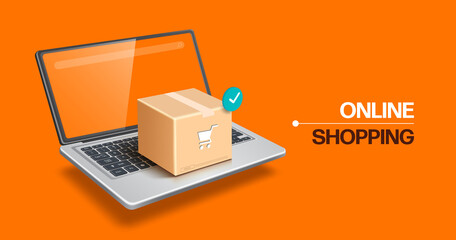 Parcel box with order confirmation icon is placed on a computer laptop and all floating in midair for designing advertisements about shipping and online shopping,vector 3d isolated on orange backgroud