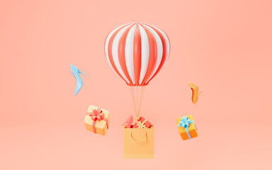 Hot air balloon and gifts with pink background, 3d rendering.