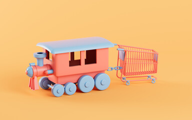 Shopping cart and train, shopping online, 3d rendering.