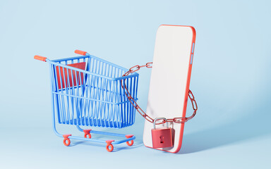 Shopping cart and phone locked, shopping online, 3d rendering.
