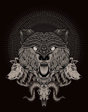 illustration wolf head engraving style with mask
