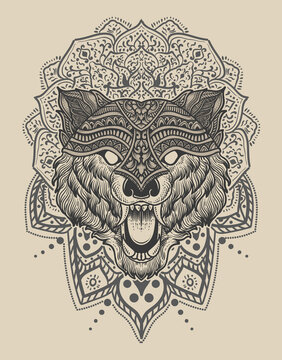 illustration wolf head engraving mandala style with mask