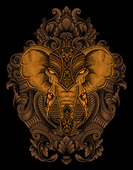illustration elephant head engraving ornament style with mask