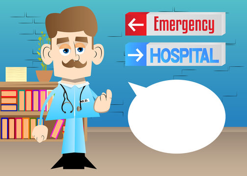 Funny cartoon doctor with inviting hand sign, to come here expression. Vector illustration.