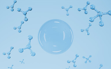 Molecules with blue background, 3d rendering.