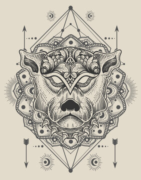 illustration dog head engraving mandala style