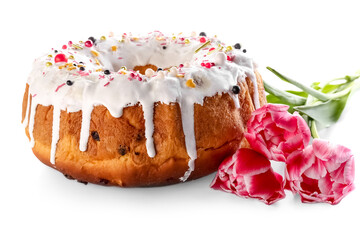 Sweet Easter cake and flowers on white background