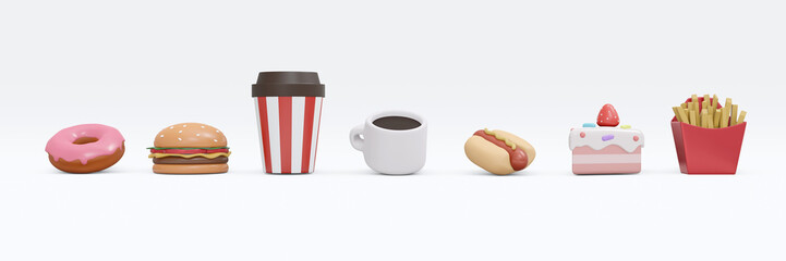 3D Rendering of American traditional food set includes hot coffee doughnut burger soda hot dog cake and french fried isolate on white background. 3D Render illustration.