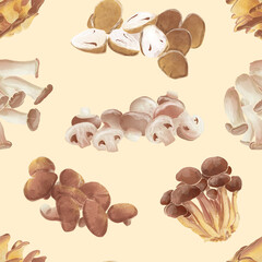Fototapeta premium Set of edible mushroom seamless wallpaper. background, vintage watercolor. Vector illustration