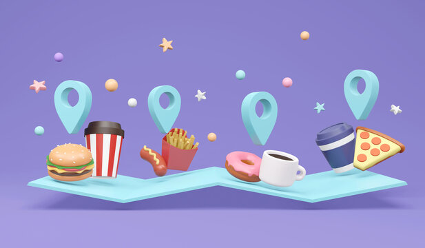 3D Rendering of food on location map concept of order food online. 3D illustration minimal cartoon style.