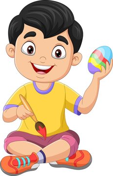 Cartoon little boy painting an easter egg